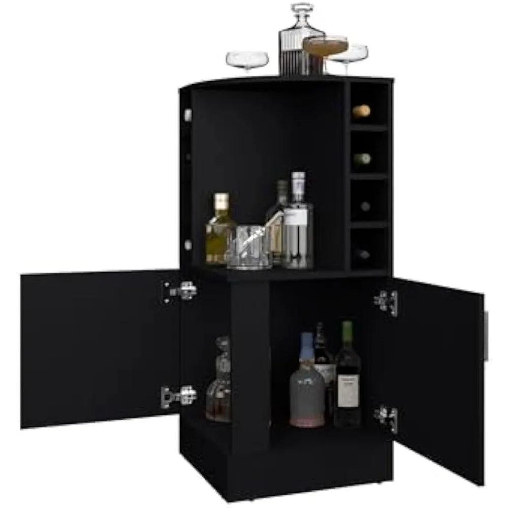 Современный черный угловой барный шкаф с винной полкой, открытыми полками и местом для хранения вещей с двойной дверью — универсальный пространство для домашних развлечений