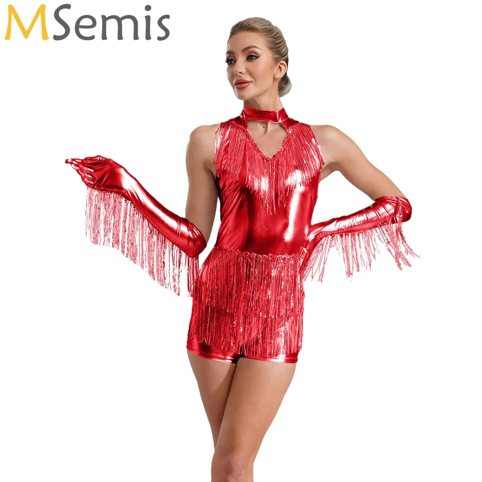 

Women Metallic Bodysuit Sequins Tassels Jumpsuit Modern Jazz Dance Unitards Halloween Concert Dance Rave Party Disco Clubwear