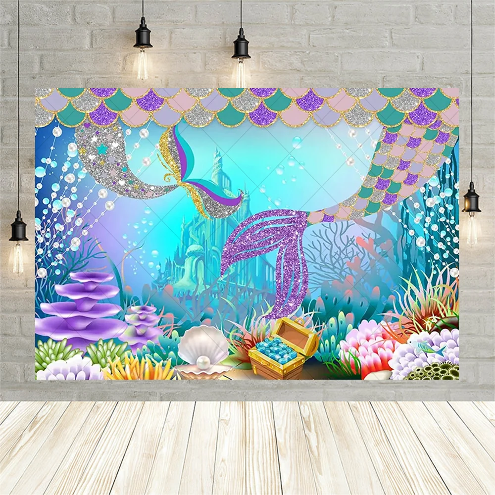 Fondo de princesa sirena para fiesta de cumpleaños de niña, Fondo de fotografía bajo las escamas del mar, Concha, Decoración de mesa de pastel, accesorios