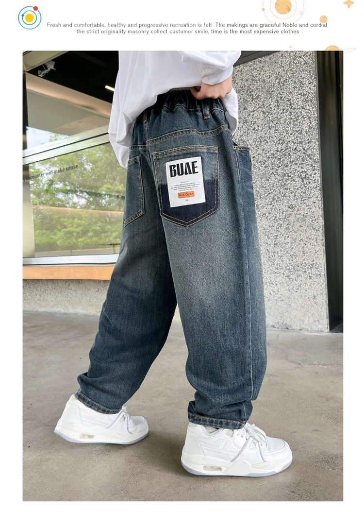 Heißer Verkauf Kinder-Jeans mit Taschen für Jungen Neue Frühlings-Jeans mit elastischem Bund Hochwertige Teenager-Jeanshosen – Detail 6