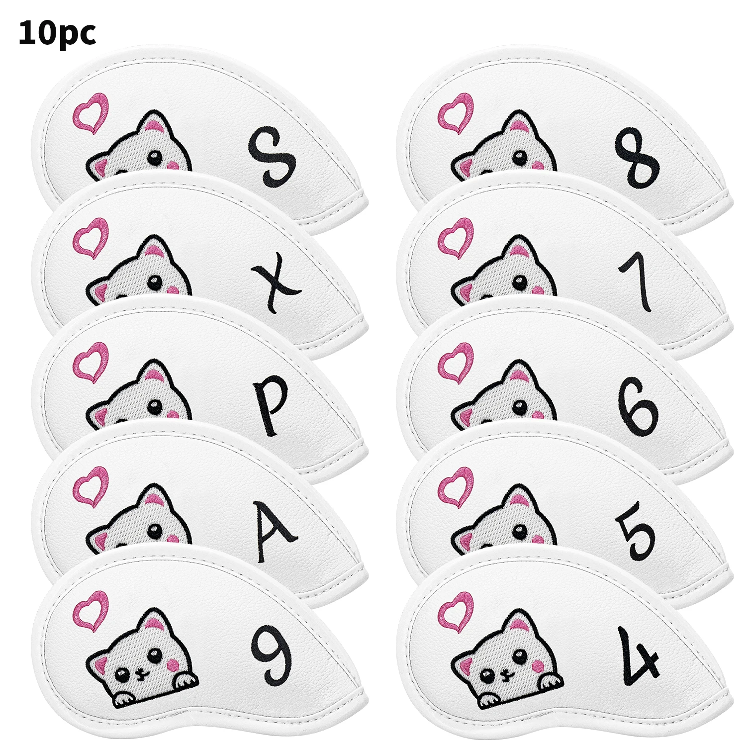 10Pcs White Golf Iron Head Covers, Cute Pink Heart Cat Pattern Golf Club Protector, Numbered Golf Iron Headcover Set Golf