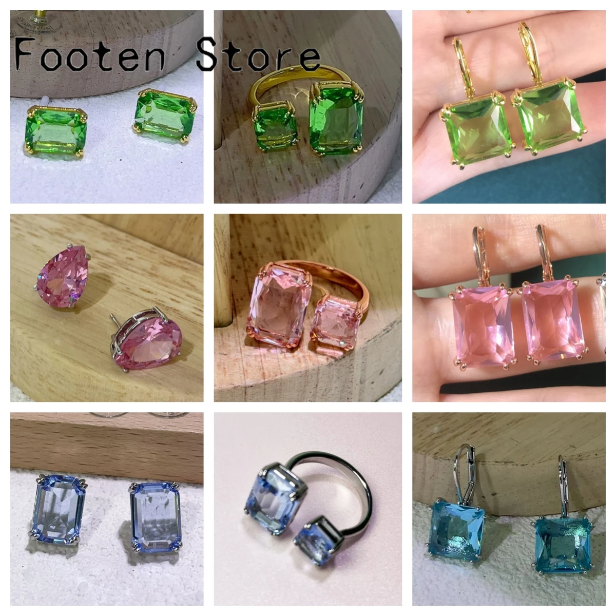 

Original 2025 New Trend Fine Party Jewelry Set Charm Green Pink Blue High Quality Geometric Crystal Fashion Women's Ring Earring