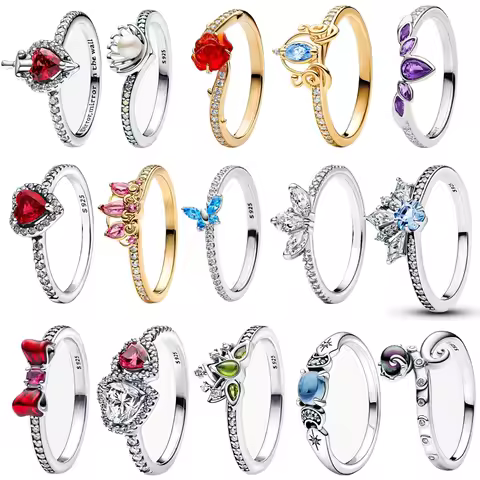 925 Sterling Silver Princess Series Tiana Tiara,Aladdin Jasmine, Rapunzel Tiara Ring Women Finger Ring For Party Jewelry