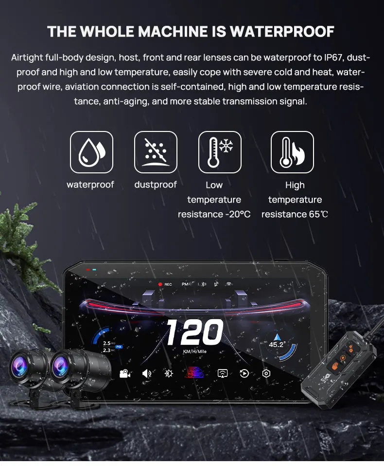 شاشة Carplay لاسلكية 6.25 بوصة للدراجات النارية مقاومة للماء لتحديد المواقع الملاح مع محرك كاميرا 2HD DVR TMPS BSD Karadar T7 Carplay Moto