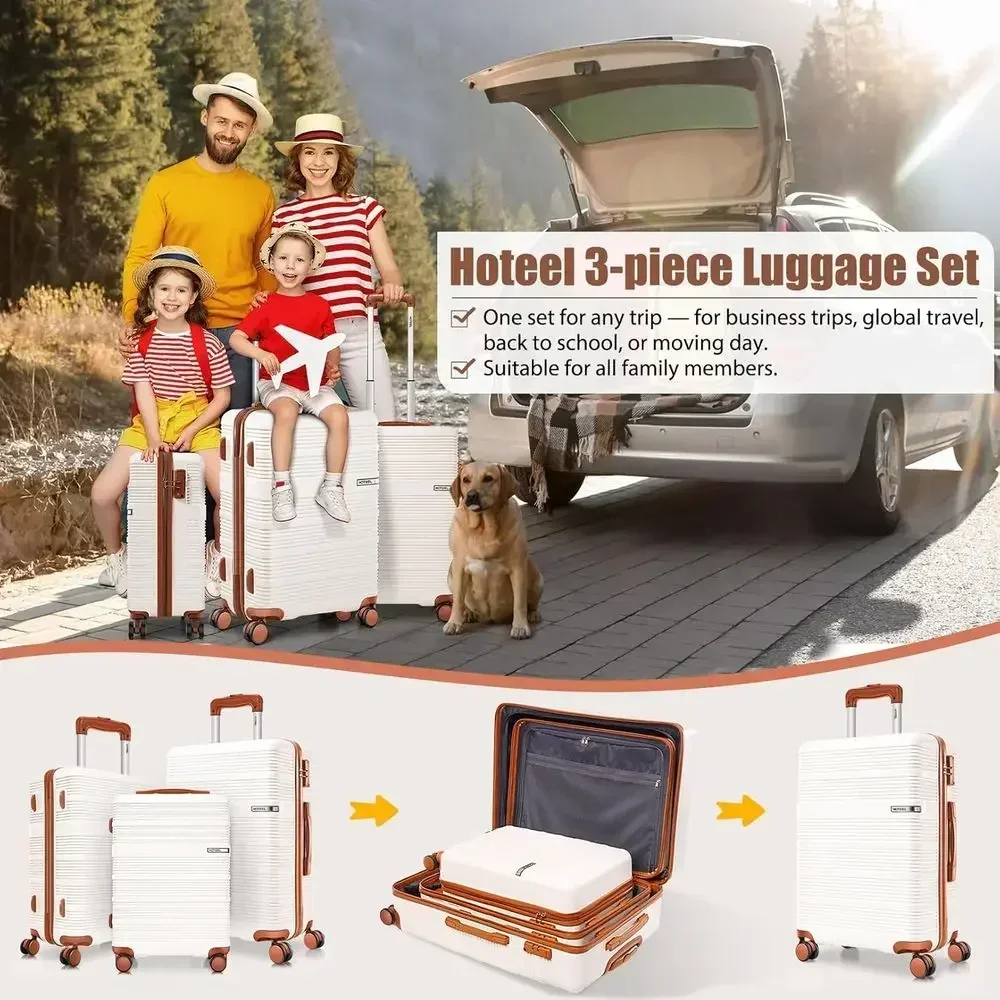 3-Piece Durable ABS+PC Lightweight Hard Shell Luggage Set with TSA Lock, 20, 24, 28 Beige