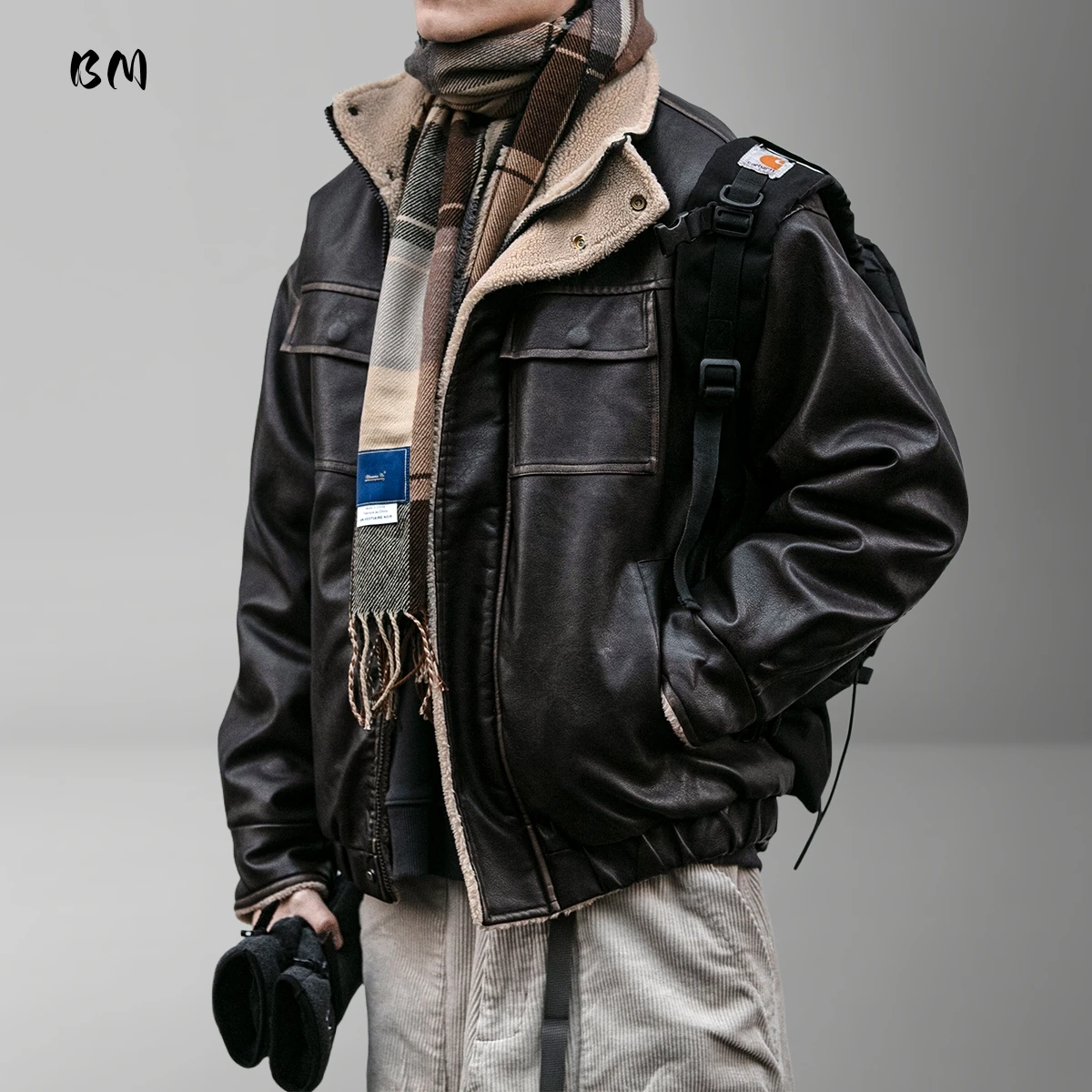 

Mens Japanese Vintage Motorcycle Jacket Faux Leather Fleece Lined Brown Heavyweight Warm Streetwear Trendy Stand Collar Coat