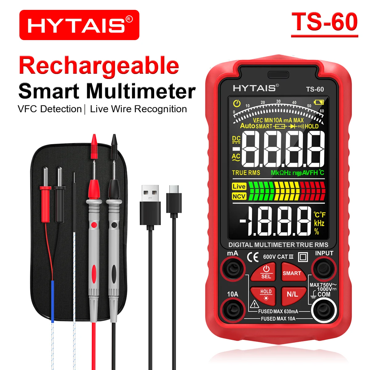HYTAIS TS-60 Digital Multimeter Professional USB Charging 6000 Count Color Screen Anti-Burning Smart Multimeter for Electricians