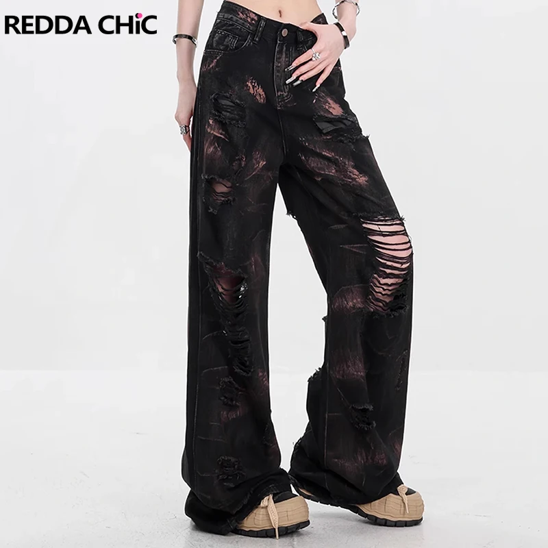 

REDDACHiC Graffiti Black Baggy Jeans Women High Waist Vintage Wash Destroyed Straight Wide Leg Pants Hiphop Grunge Streetwear