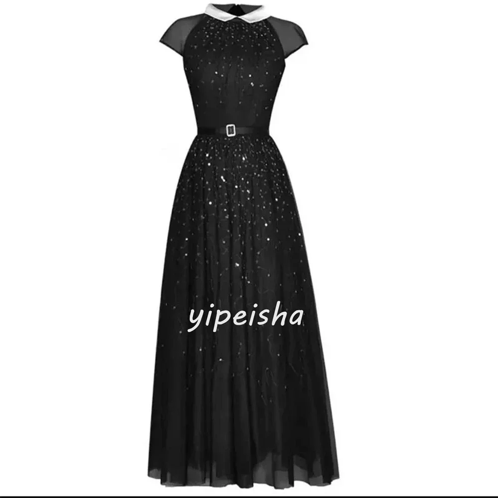 Net Sequined Celebrity A-line High Collar Bespoke Occasion Gown Midi Dresses