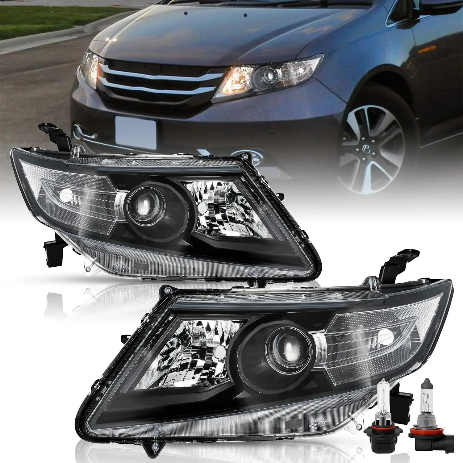 

Замена фары в сборе с лампами для Honda Odyssey 2011-2017 годов [Halogen Type] OEM-проектор, черная прозрачная угловая фара (L + R)