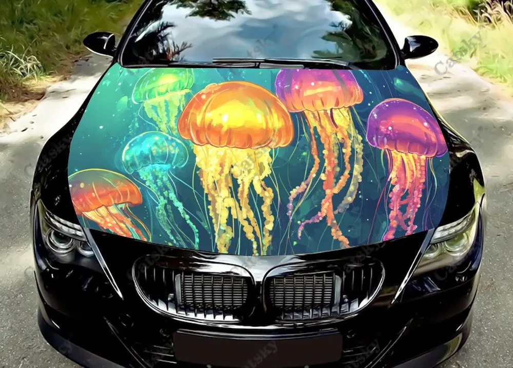 Glowing Jellyfish Cloud Car Hood Wrap Color Vinyl Sticker Truck Graphic Bonnet Custom Auto Accessories Decoration  Decal Gift