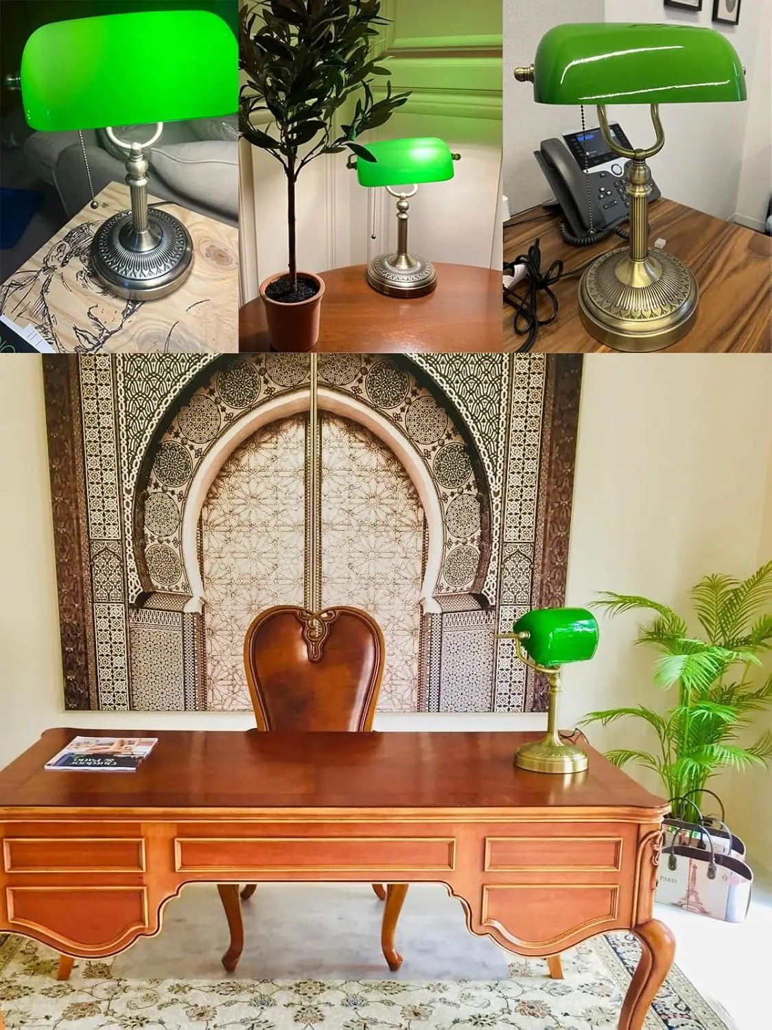 Vintage Green Glass Bankers Desk Lamp with Pull Chain Switch, Adjustable Angle