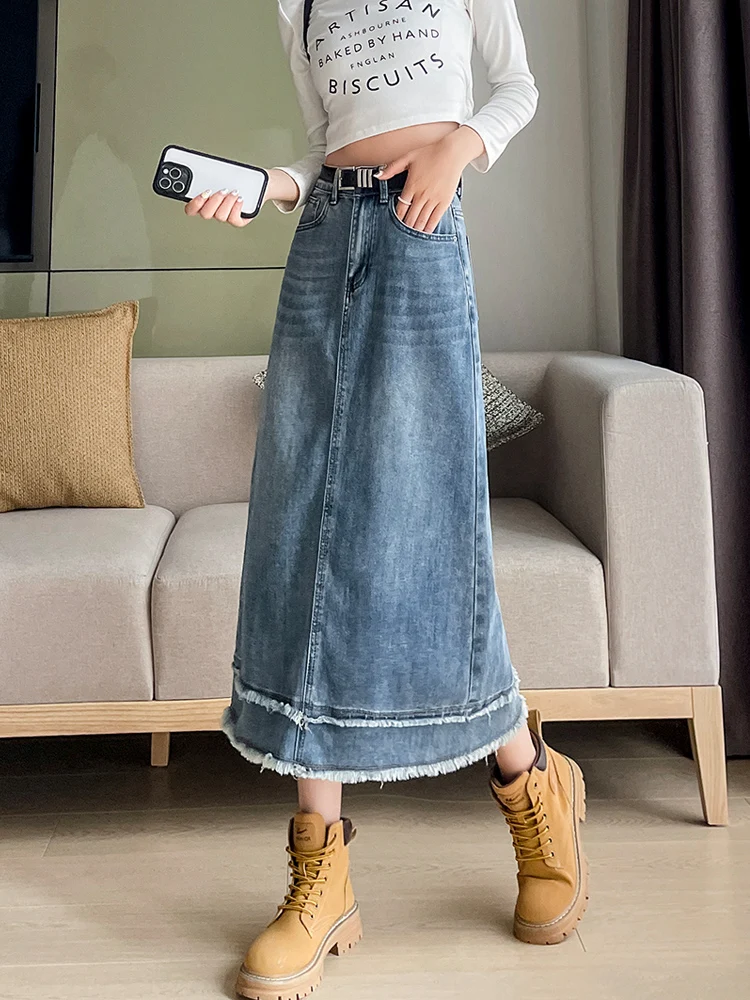 

Women's Casual Slit back Denim Midi Jeans Skirt Maxi Papebag Stretch High Waist Frayed Raw Hem A line Flare Jean Skirt Pockets