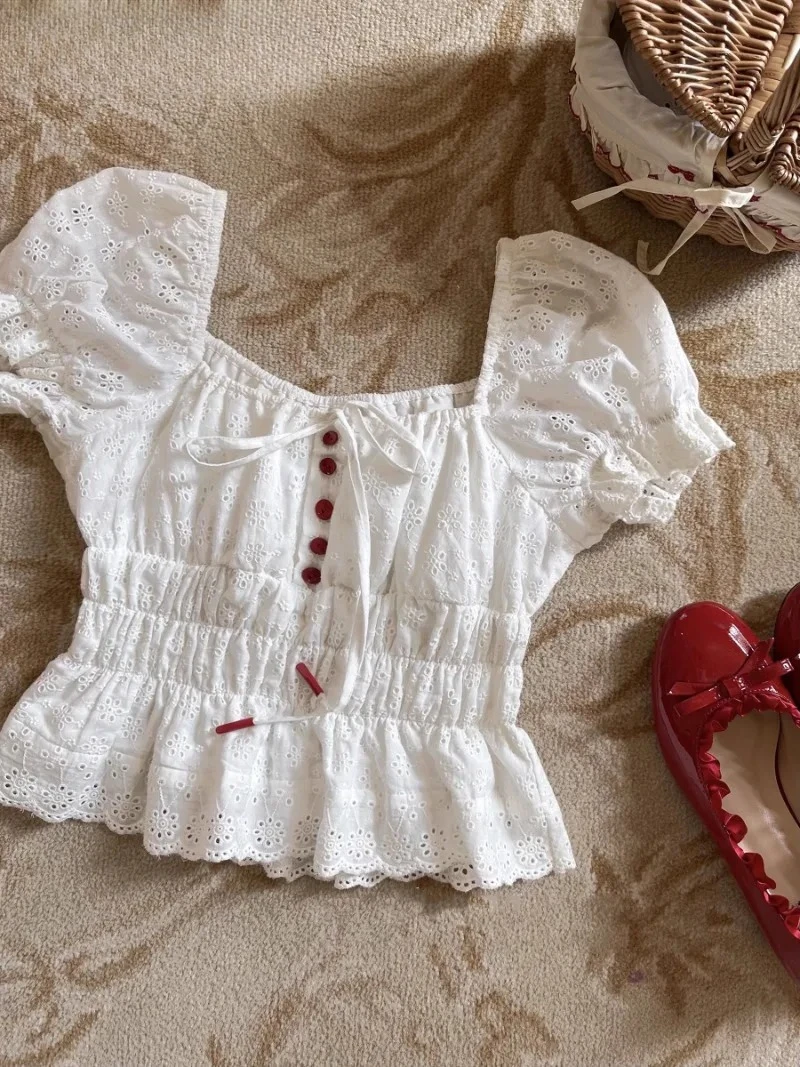 

Cute Female Blouse Sweet Chic Square Neck Versatile Tops Camisas Summer New Versatile High Waist Bubble Short Sleeve Shirt