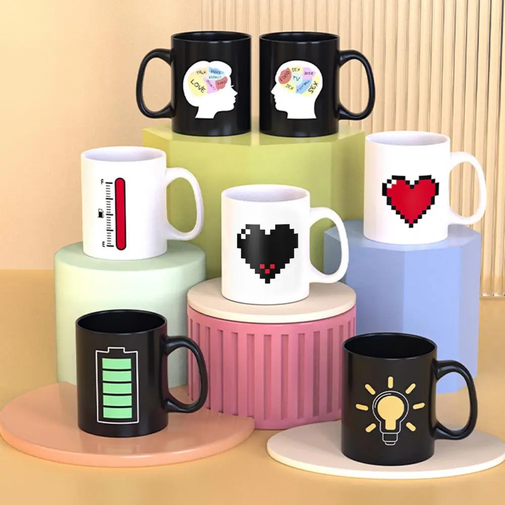 330ML Temperature Color Changing Ceramic Mug Battery Heart Thermometer Brain Bulb Pattern Coffee Tea Mug Heat Sensitive Cup