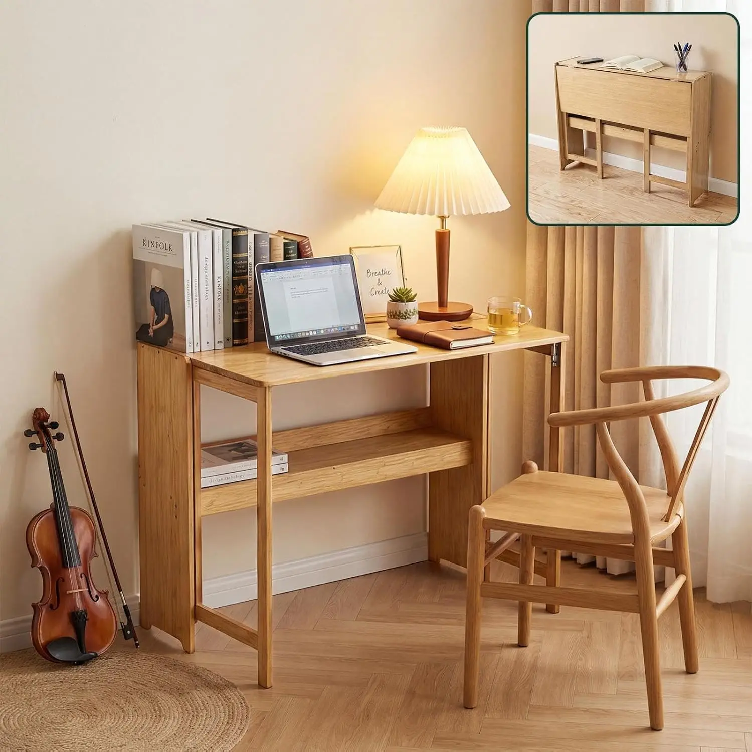 41'' Bamboo Folding Desk with Bookshelf, Space-Saving Computer Desk, Customized