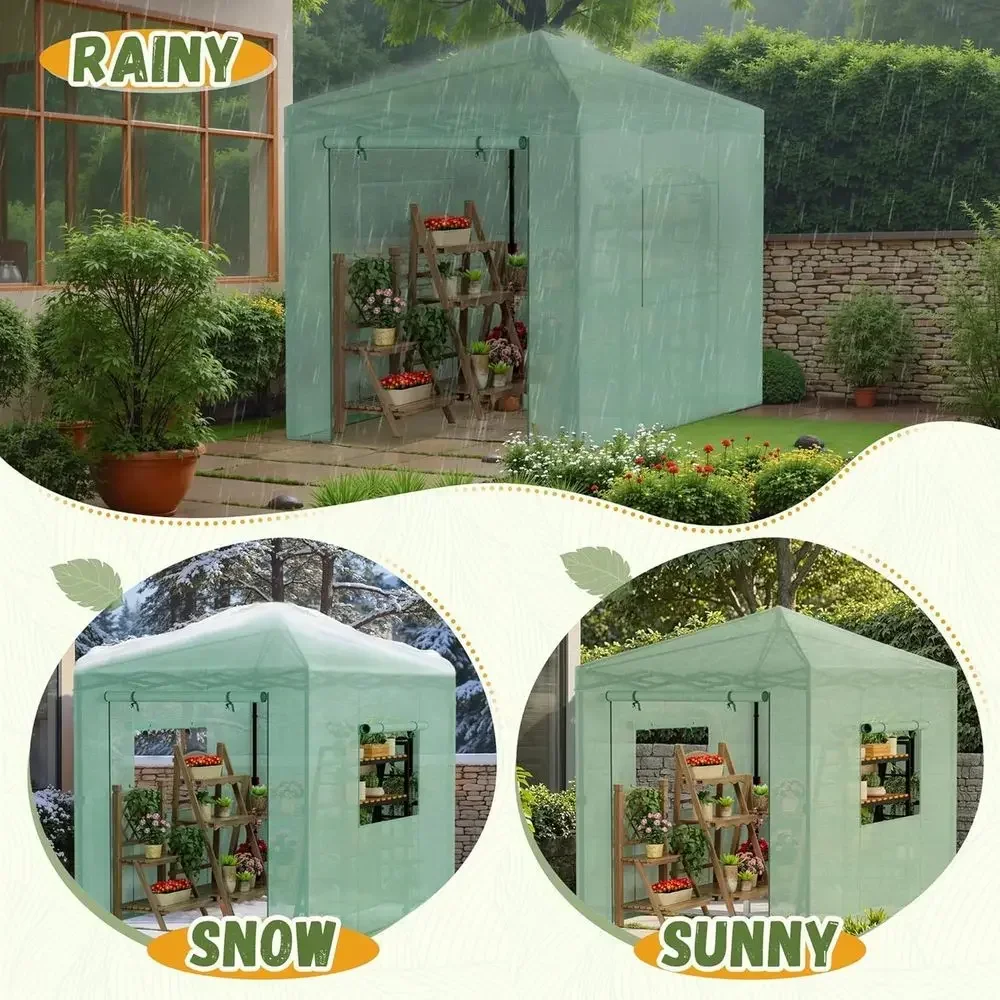 Portable Greenhouse with Zippered Door and 2 Roll-up Windows, PE Cover, Easy Assembly (Green, 8x6 Feet)