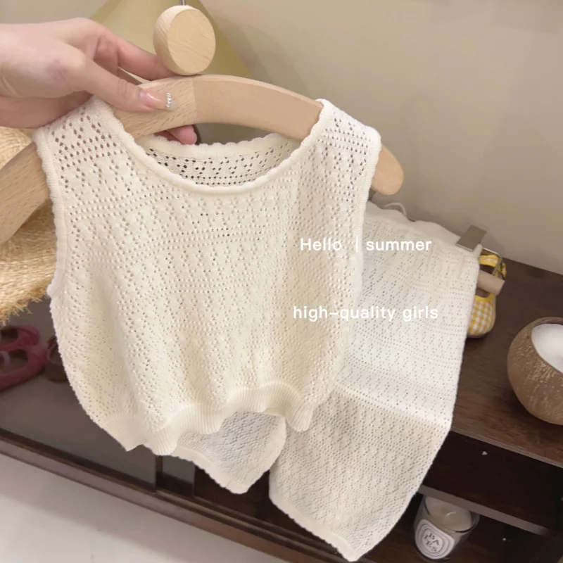 

Kids Girls Summer Clothing Set Knitted Hollow Lace Suit Girl Fashion Breathable Vest + Wide Leg Pants Outfits Children Sets