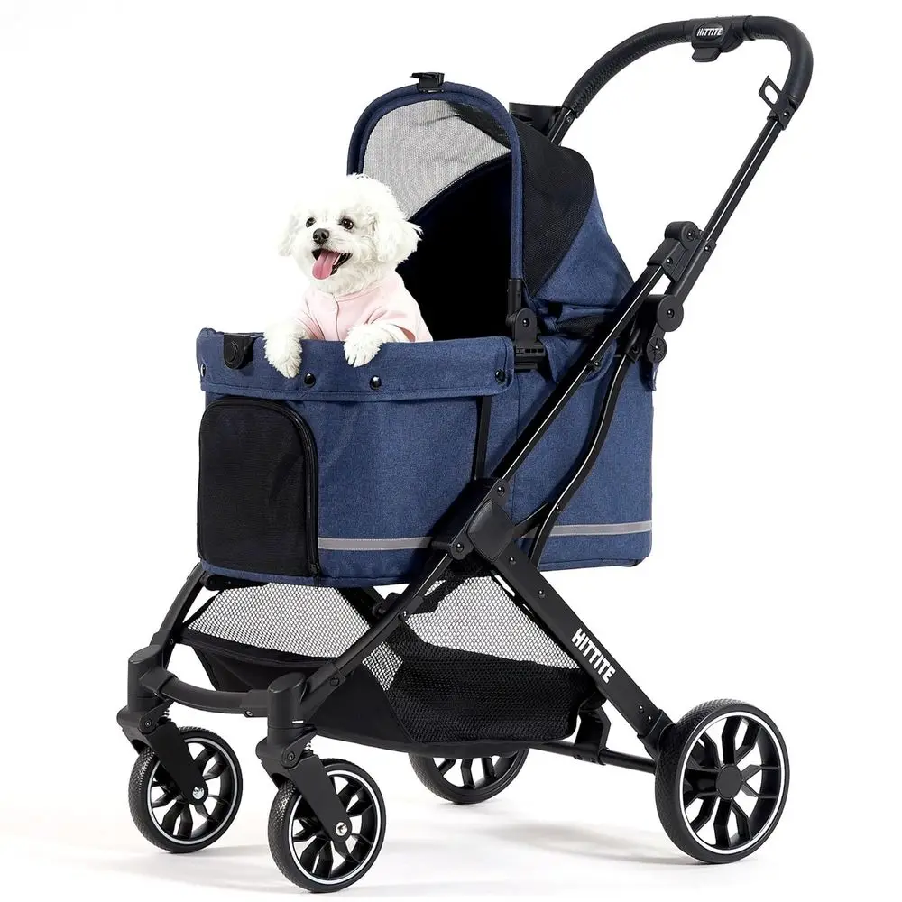 Carrinho com capa à prova de intempéries, carrinho todo-o-terreno de 4 rodas para cães e gatos com dossel ajustável, carrinhos dobráveis para cães com sto