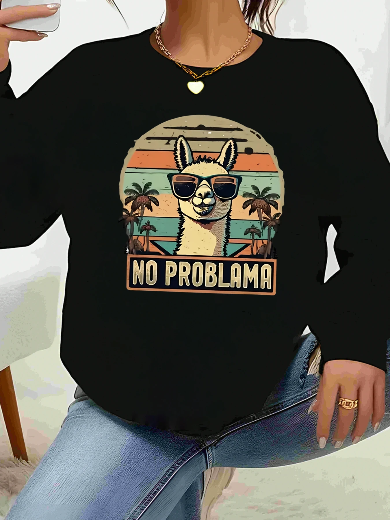 

Футболка с длинным рукавом и принтом Llama No Problem, женская повседневная одежда для летних каникул