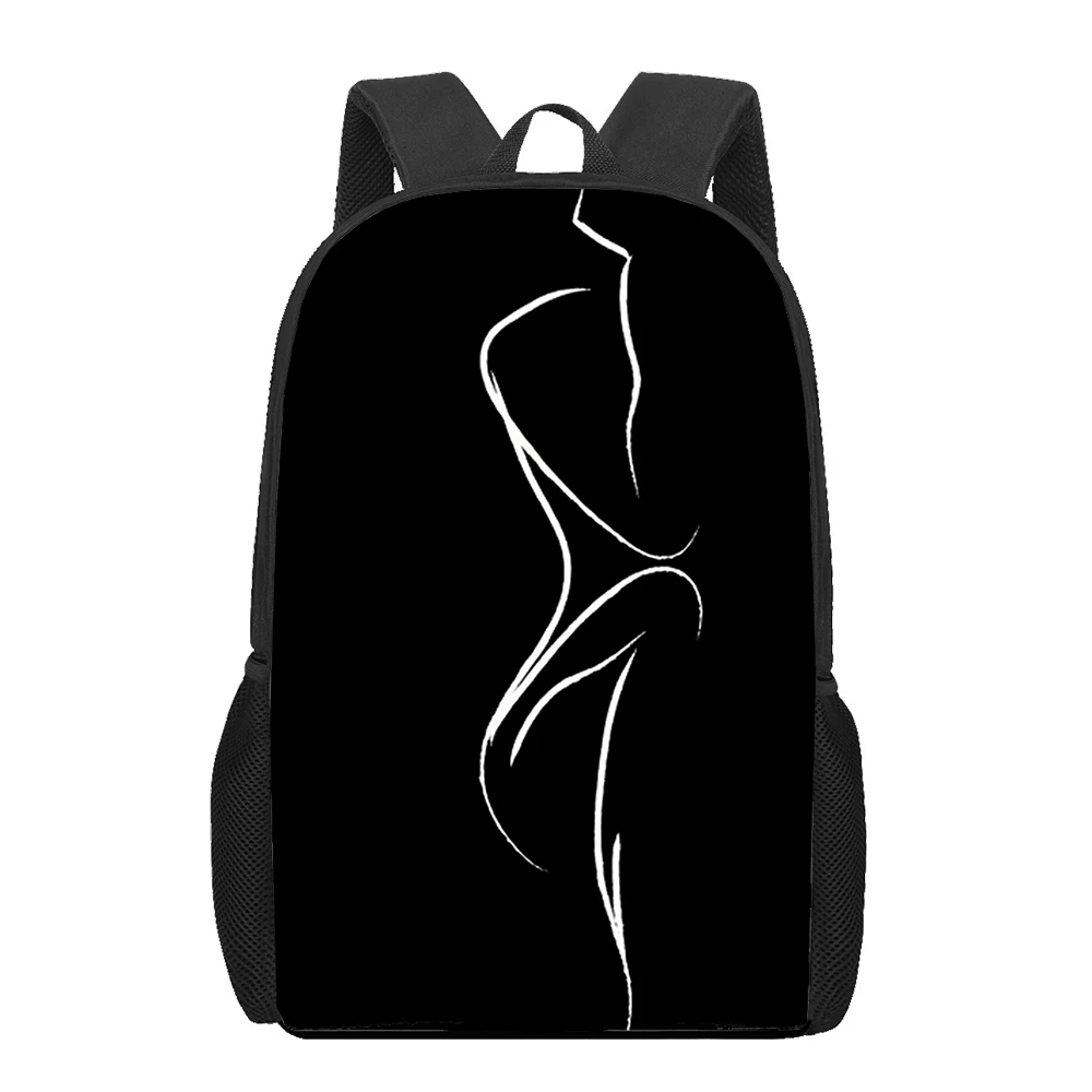 Black White Art Lineart Girl 3D Printed Book Bag Men 16 Inch Backpack For Teen Boy Kindergarten Children Large Capacity Backpack