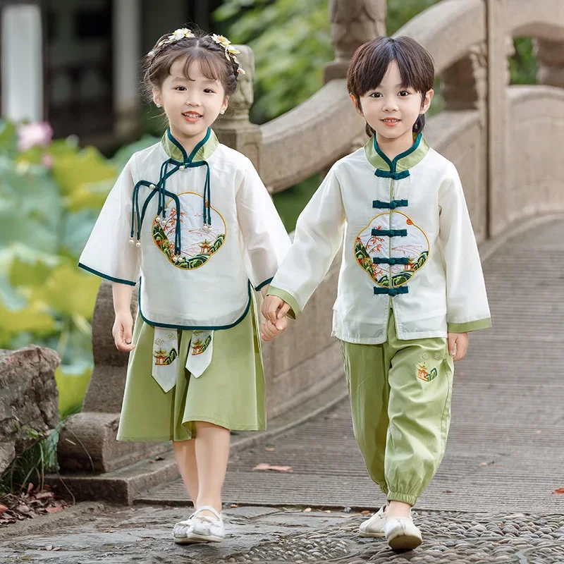 Mode Leistung Kinder Hanfu Traditionelle Chinesische Kleidung Junge Tang Kostüm Set Casual Mädchen Anzug Sommer Kinder Outfit