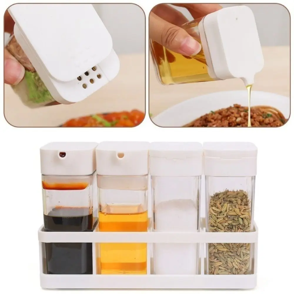 4Pcs/Set Transparent Spices Jar Oil Kettle Combination Kit Sealed with Compartment Base Seasoning Storage Box Moisture-proof