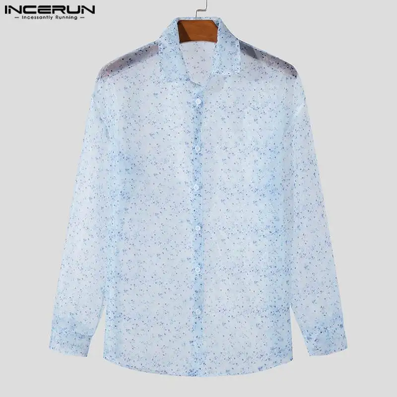 INCERUN-Camisa de manga larga con solapa estampada para hombre, ropa de calle informal, holgada, transparente, a la moda, S-5XL, 2024