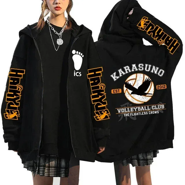 Haikyuu grafik Zippper ceketler tişörtü japon animesi Manga Y2k gotik fermuarlı kapüşonlu svetşört Karasuno Fly yüksek Harajuku Streetwear