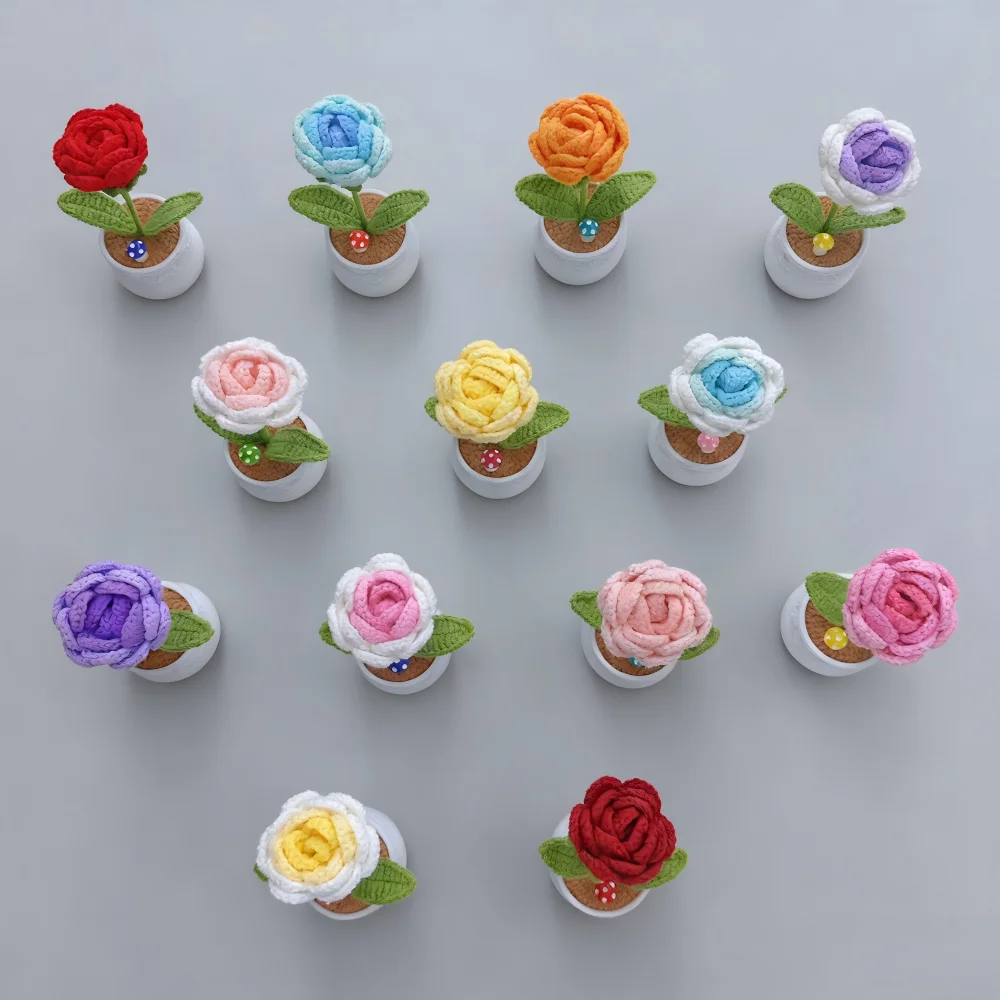 Handmade Crochet French Rose Potted Simulation Flower Home Wedding Decoration Artisanal Crafted Decorative House Plant