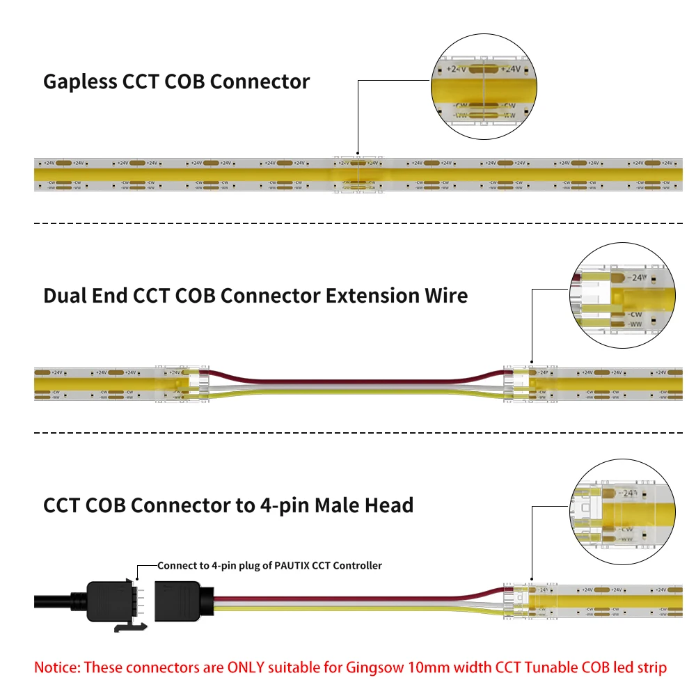 Gingsow 3 Pin Connector for 10mm CCT COB LED Strip Light Solderless Terminal Extension Connection Kit Dual End Connector in Wire