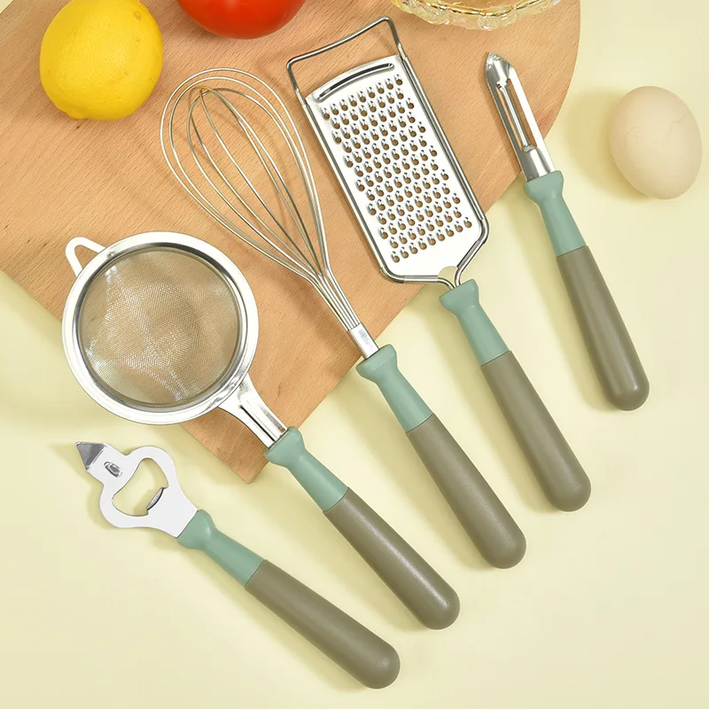 American-inspired five-piece stainless steel kitchen tool set featuring ergonomic PP handles non-slip grip heat-resistant design