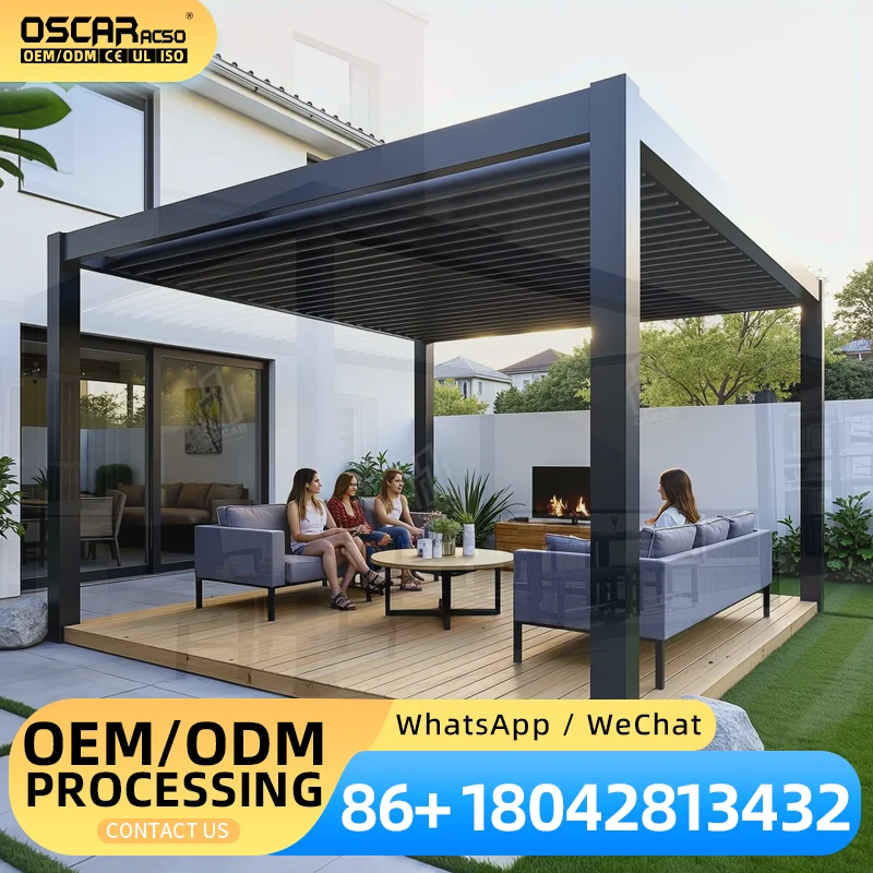 Outdoor Aluminum Pergola with Adjustable Louvered Retractable Roof Luxury Motorized Garden Pavilion for Balcony Backyard Patio p