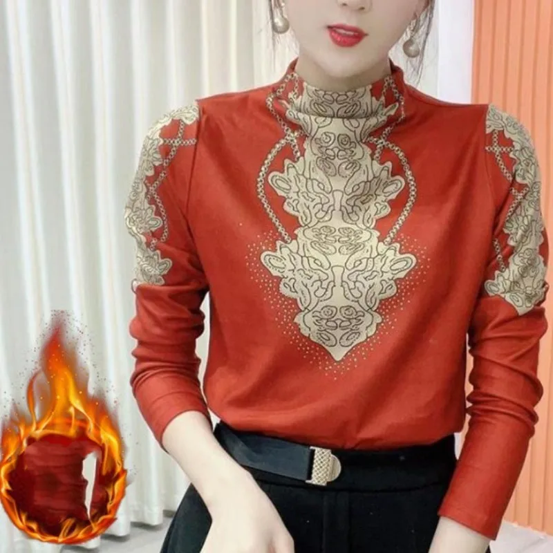 Women's 2023 Autumn and Winter Pullover Long Sleeve T-shirt All-match Fashion Printed Diamonds Half High Neck Slim Underlay Tops