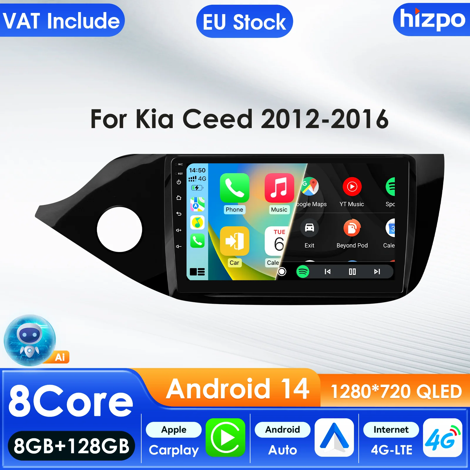 Hizpo 2 Din Android 14 Auto-Multimedia-Player für Kia Ceed Cee'd 2 JD 2012-2018 GPS Carplay 4G AI Intelligenter Bildschirm Autoradio 9 Zoll Auto-Intelligent-Bildschirm QLED-Display Automotive Head
