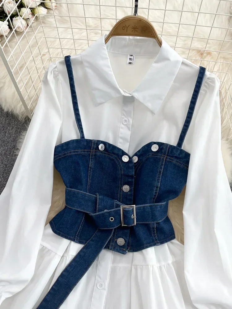 Spring Autumn Cowboy Waistcoat Shirt Dress Female Elegant Length Sleeve White Shirt Dress Vest Women\'s Two-piece Set GD785