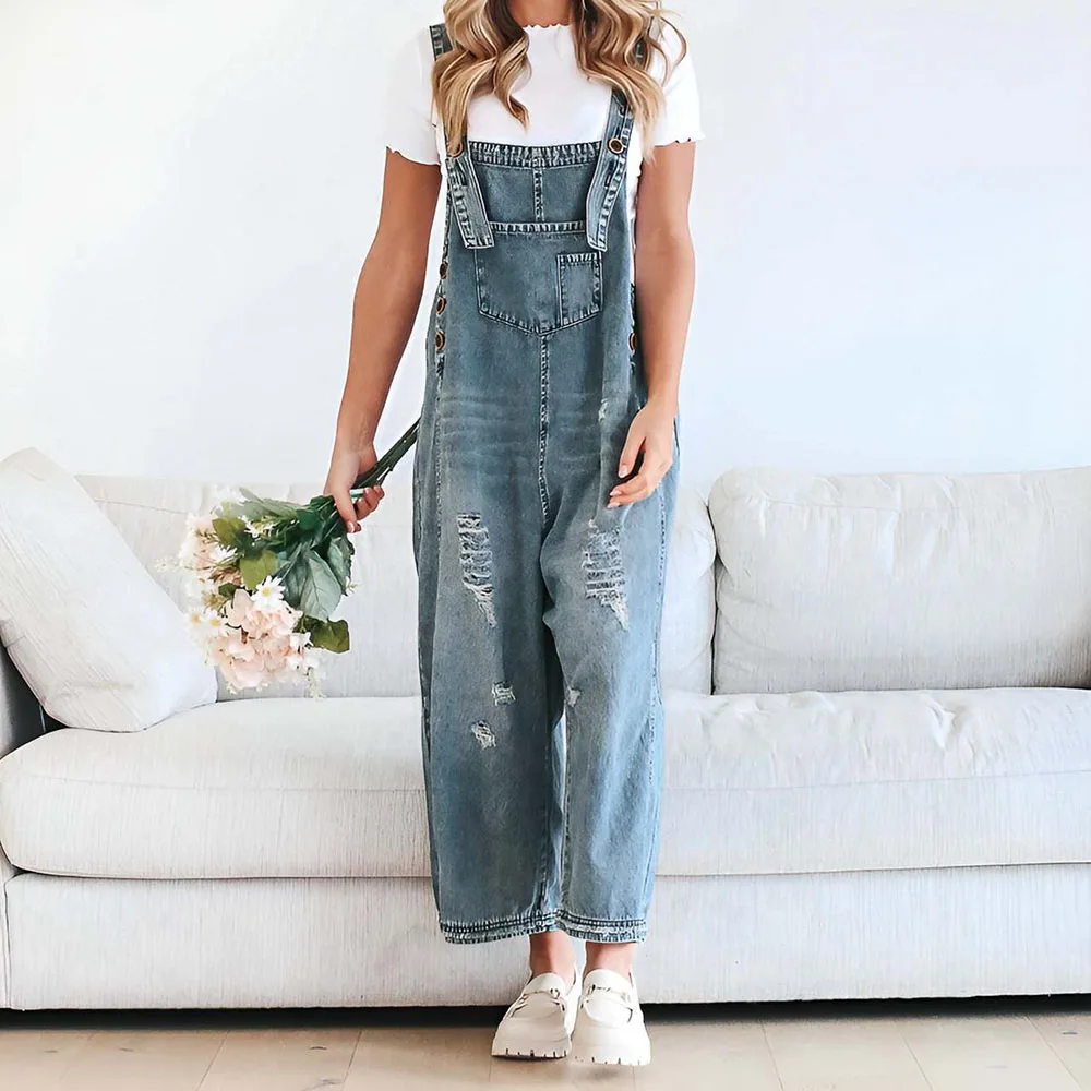 2026 Woman' Cowboy Overalls Casual Denim Pants Retro Style Spice Girls Trousers High Waist Pocket Pants Loose fit Denim Overalls view 2