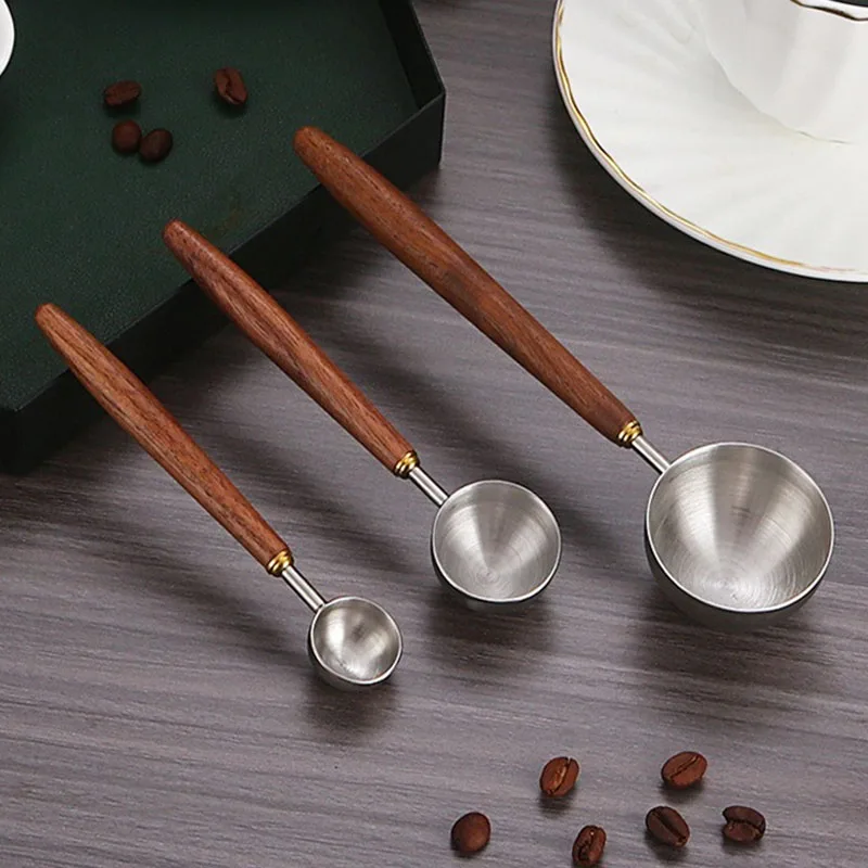 Stainless Steel Wood Handle Coffee Measuring Spoon Walnut Wood Long Handle Coffee Spoons Ice Cream Scoop Baking Dessert Utensils