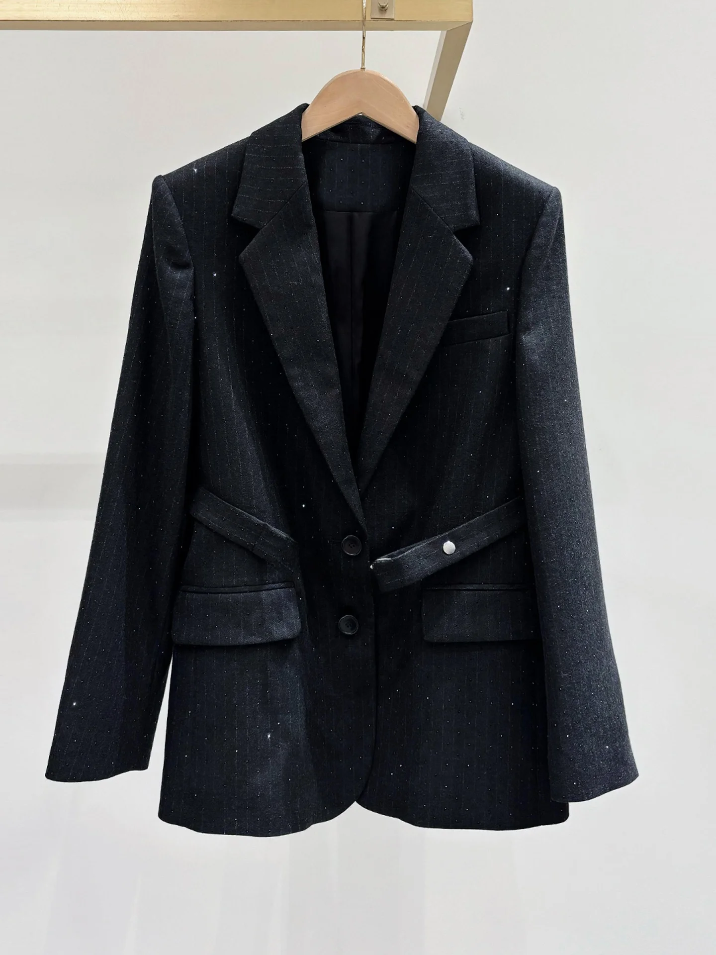 

M Home Nan You High End Women's Autumn Winter Hepburn Sle Suit Jaet with Belt Glittering Stripe Design Ladies Outerwear