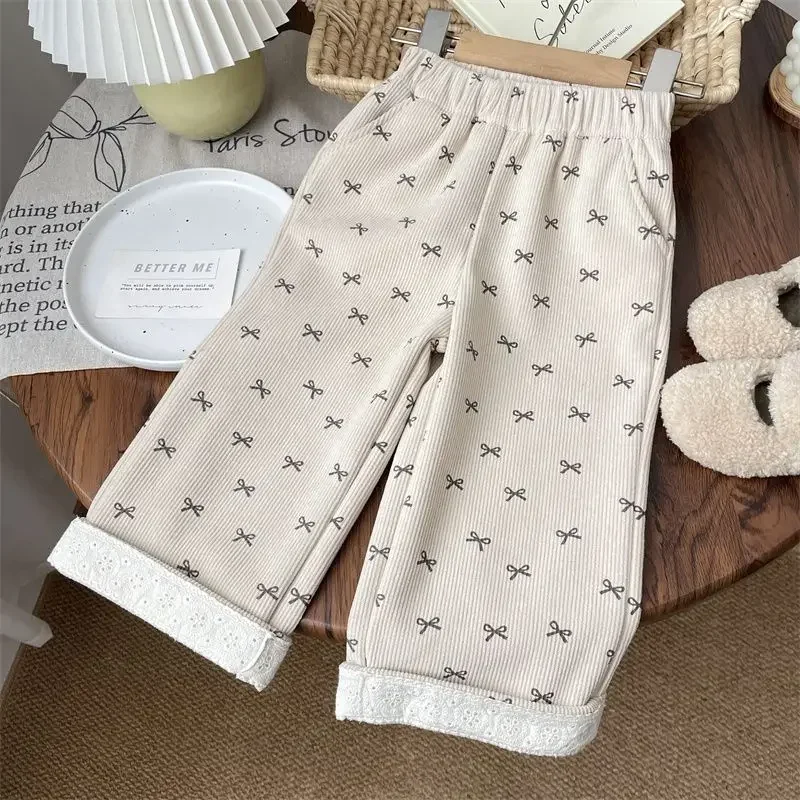 

Winter New Women. Children's Bow Print One-Piece Velvet Children's Corduroy Straight Pants Baby Fleece-lined Plus Thick Pants