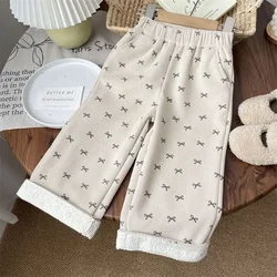 Winter New Women. Children's Bow Print One-Piece Velvet  Children's Corduroy Straight Pants Baby Fleece-lined Plus Thick Pants