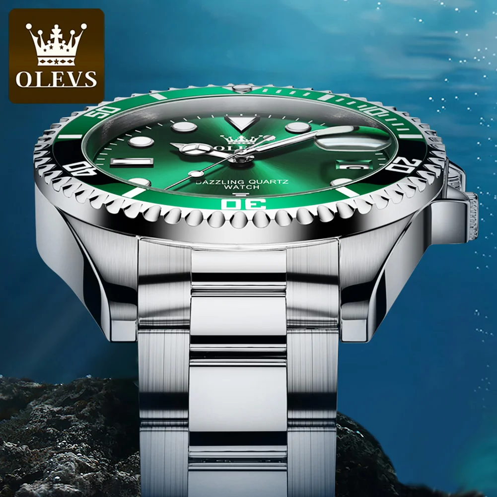 OLEVS Men Watch Diver Green Waterproof Watch for Men Stainless Steel Quartz Men Luxury Watch Luminous