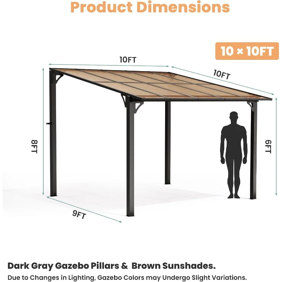 Feet Wall Mounted Gazebo, Hardtop Lean to Gazebo with Aluminum Frame and UV Resistant Polycarbonate Roof, Outdoor Patio Awning