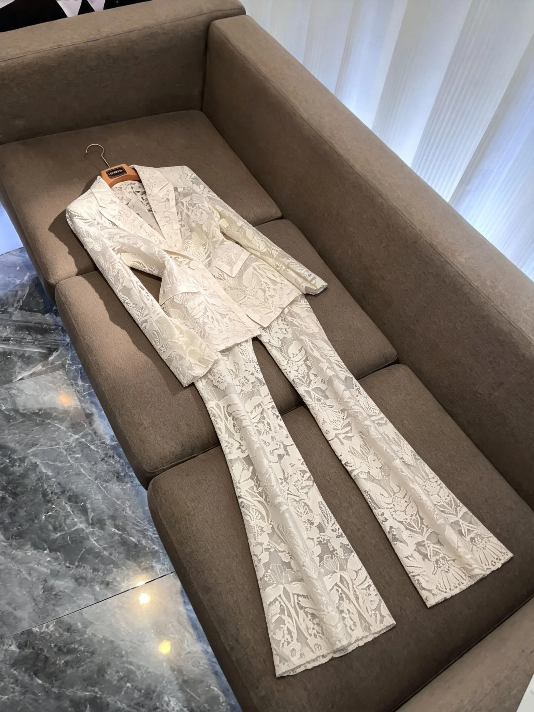 

White Embroidered Suit Set Women's Summer Slimming High Waist Pants Lady Elegant Style A504 Professional Women's Suit