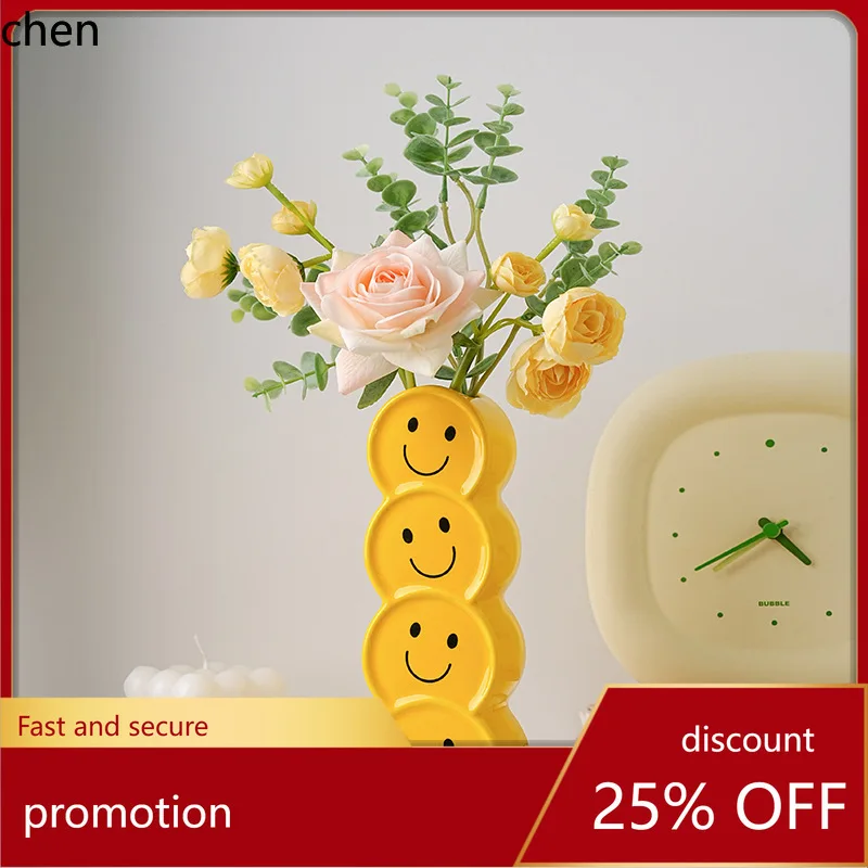 

YFY Cream-style Creative Smiley Face Ceramic Vase, High-end Home Living Room Flower Arrangement Decoration Ornament Gift