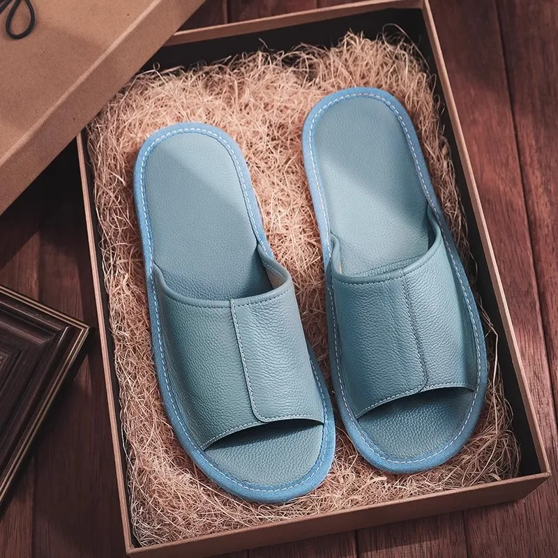 

Женские летние домашние тапочки из натуральной кожи, нескользящая мягкая домашняя обувь для пар, удобные мужские повседневные тапочки из коровьей кожи