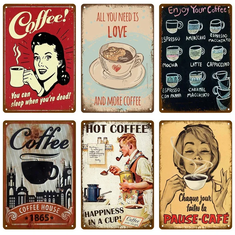 HD Tin Sign Vintage Coffee Retro Metal Poster Classic Coffee Lover Wall Art Decor for Kitchen Cafe Bar Home Decoration