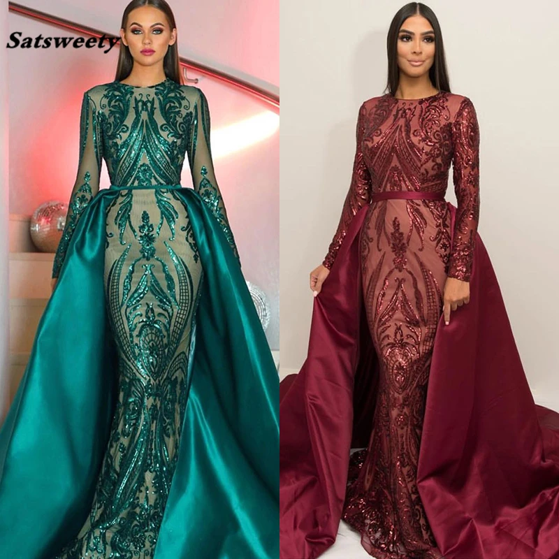 

Green Long Sleeves Luxury Mermaid Evening Dress Appliques Sequined Fashion With Train Evening Gowns Real Photos