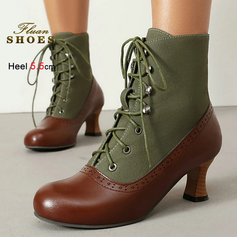 

New British Style Short Boots Women Round Toe Coarse Heel Color Blocked Lace Up Ankle Boots Autumn Winter Medium Heel Lady Shoes