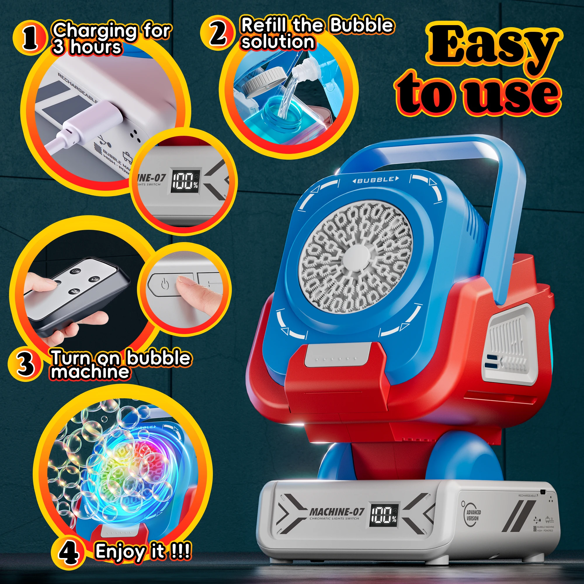2025 Upgraded Bubble Machine with Remote Control, Automatic Rotation & Rgb Lights, 1800Mah Rechargeable Battery, Type-C Charge